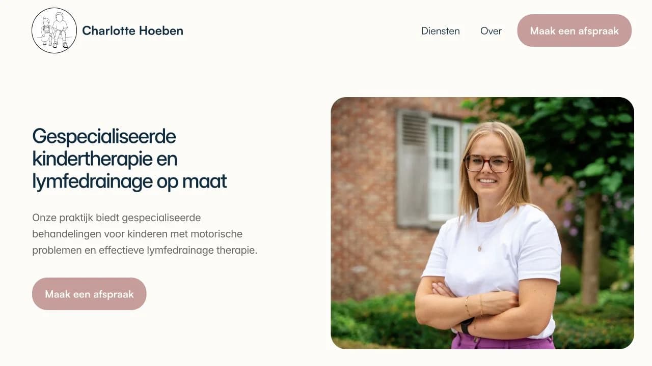 Charlotte Hoeben physiotherapy website with a practitioner portrait, specialist services and an appointment button.